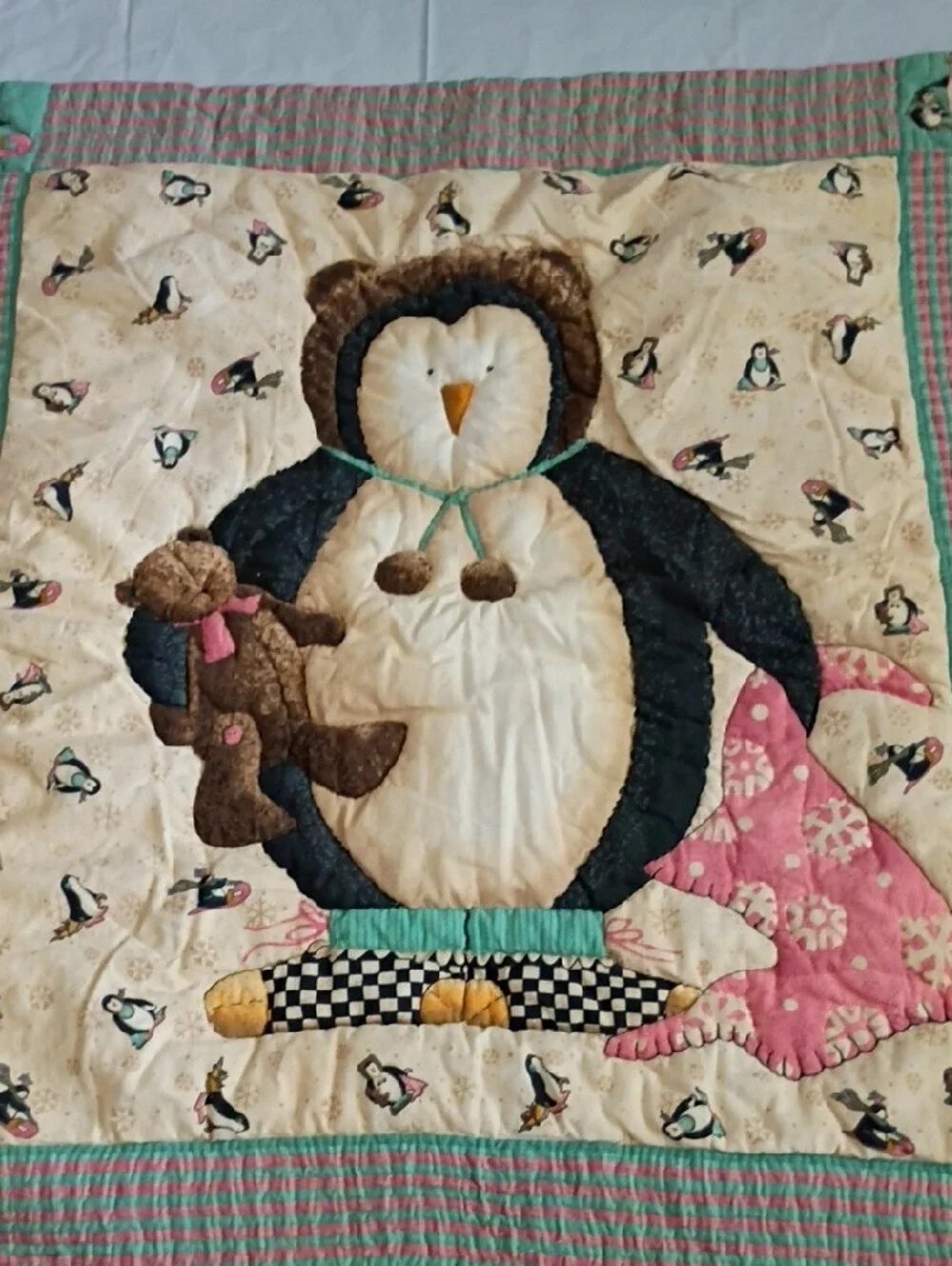 Soft Baby Quilt with Pastel Foot & Handprint and Penguin Pattern Double Sided